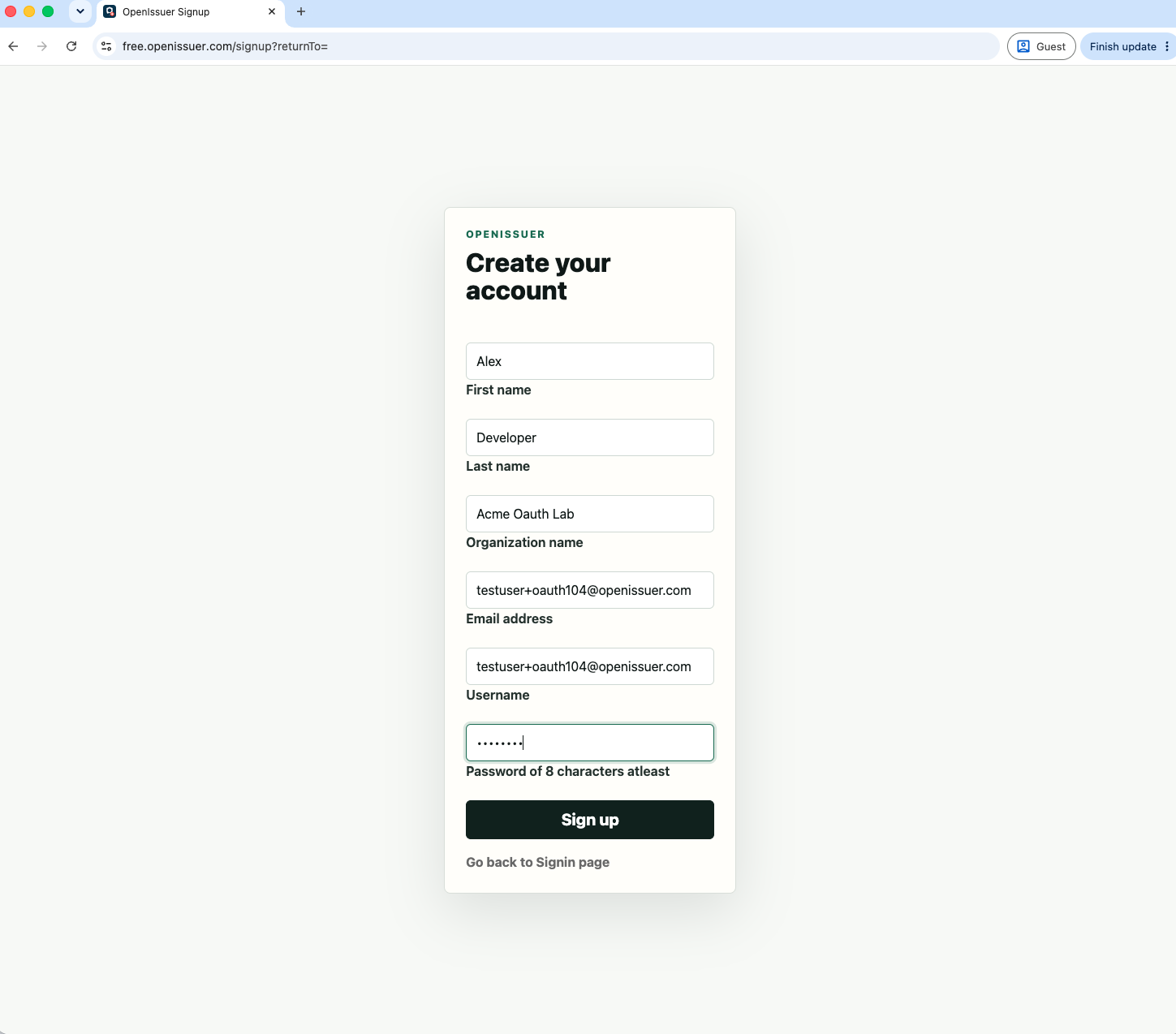 OpenIssuer free account signup form completed with example user and organization details