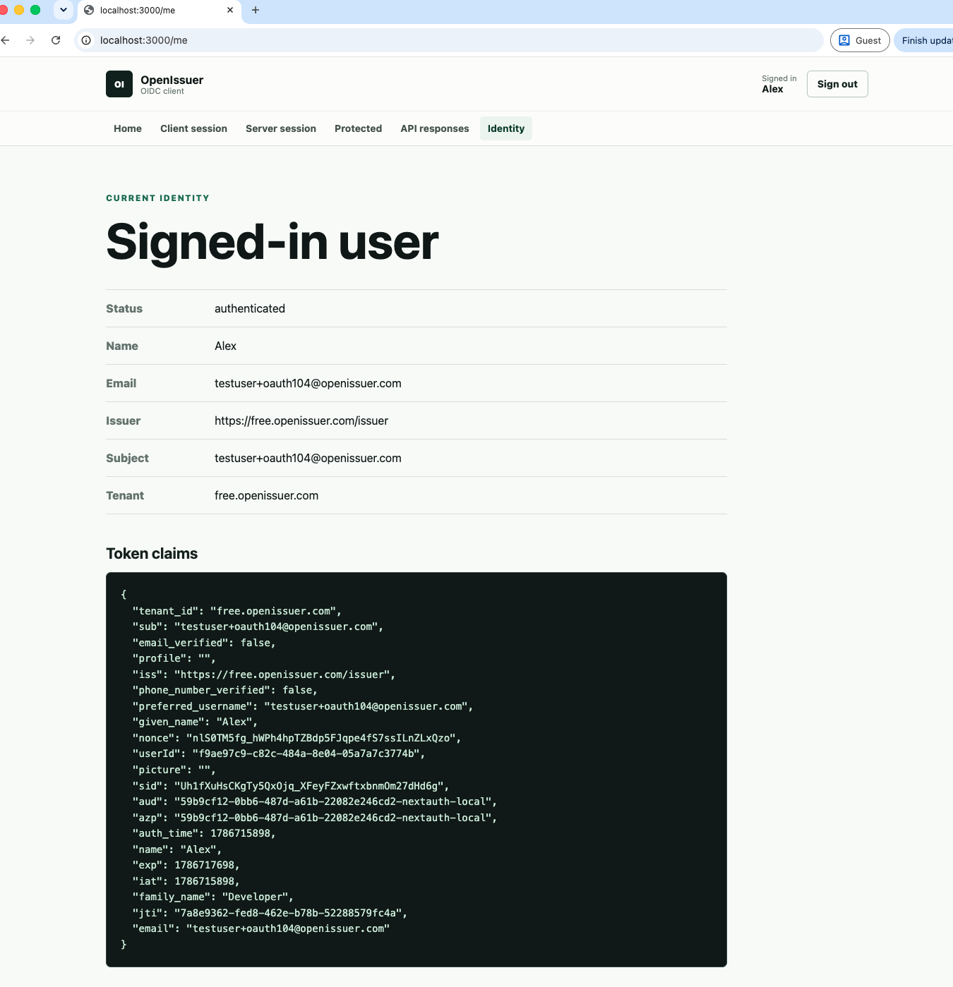 NextAuth example showing the authenticated OpenIssuer identity and OpenID Connect claims