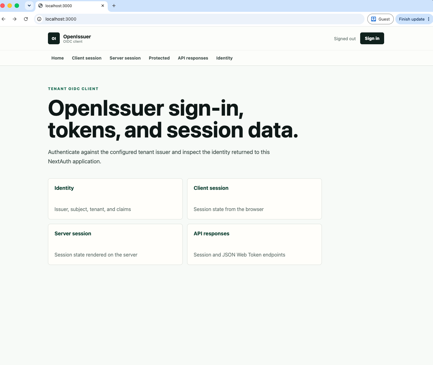 Local NextAuth example application ready to sign in through OpenIssuer