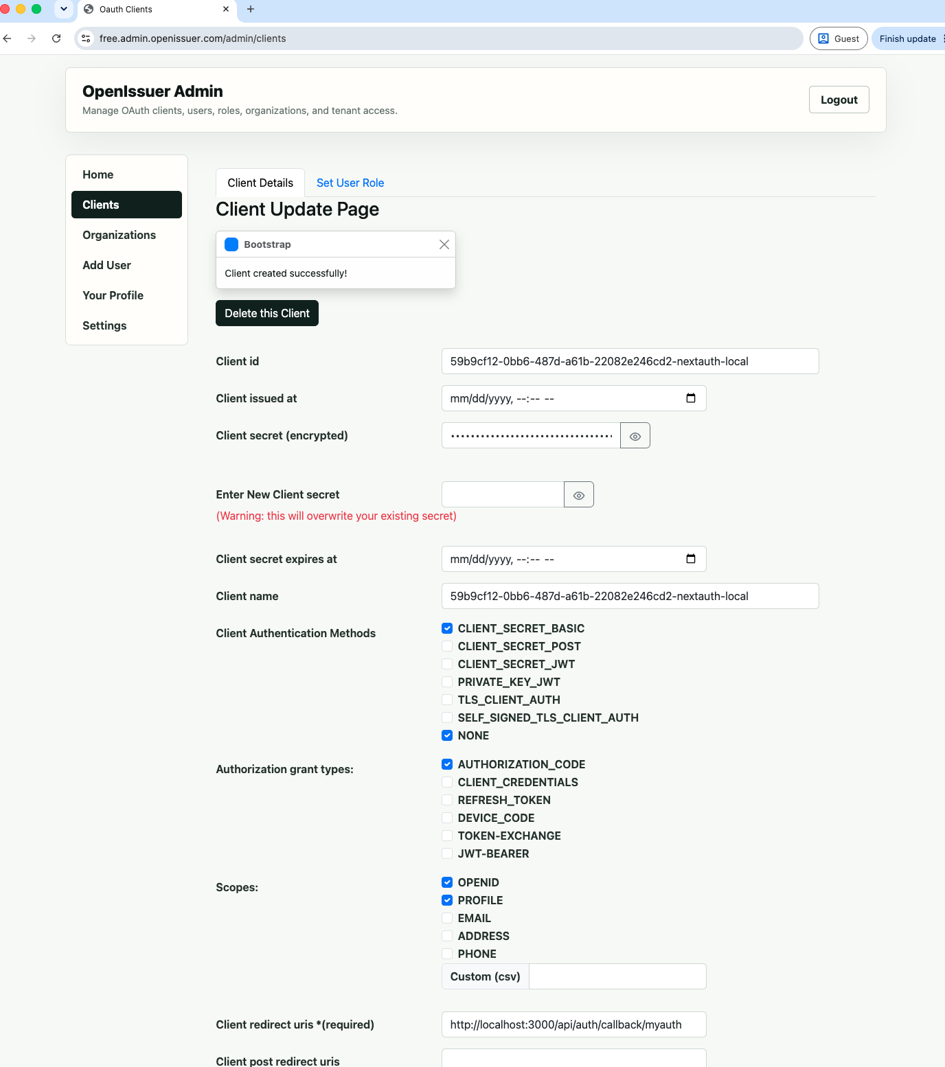 OpenIssuer Admin showing a newly created OAuth client with authorization code and OpenID Connect settings